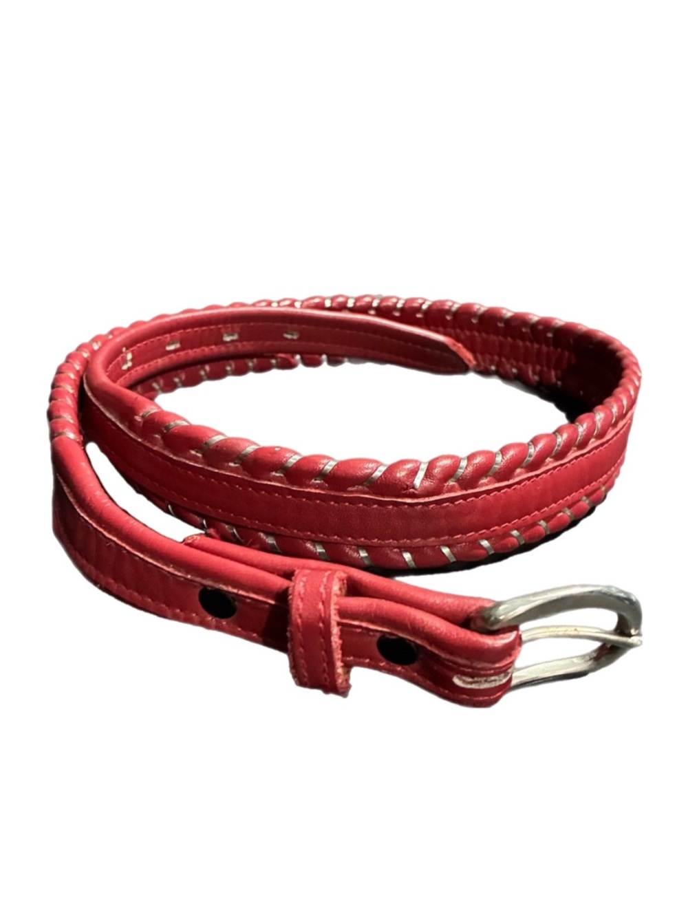 Vntg 90s Dundee Red Leather Belt Sz 30 Braided Full Grain Silver Buckle Western
